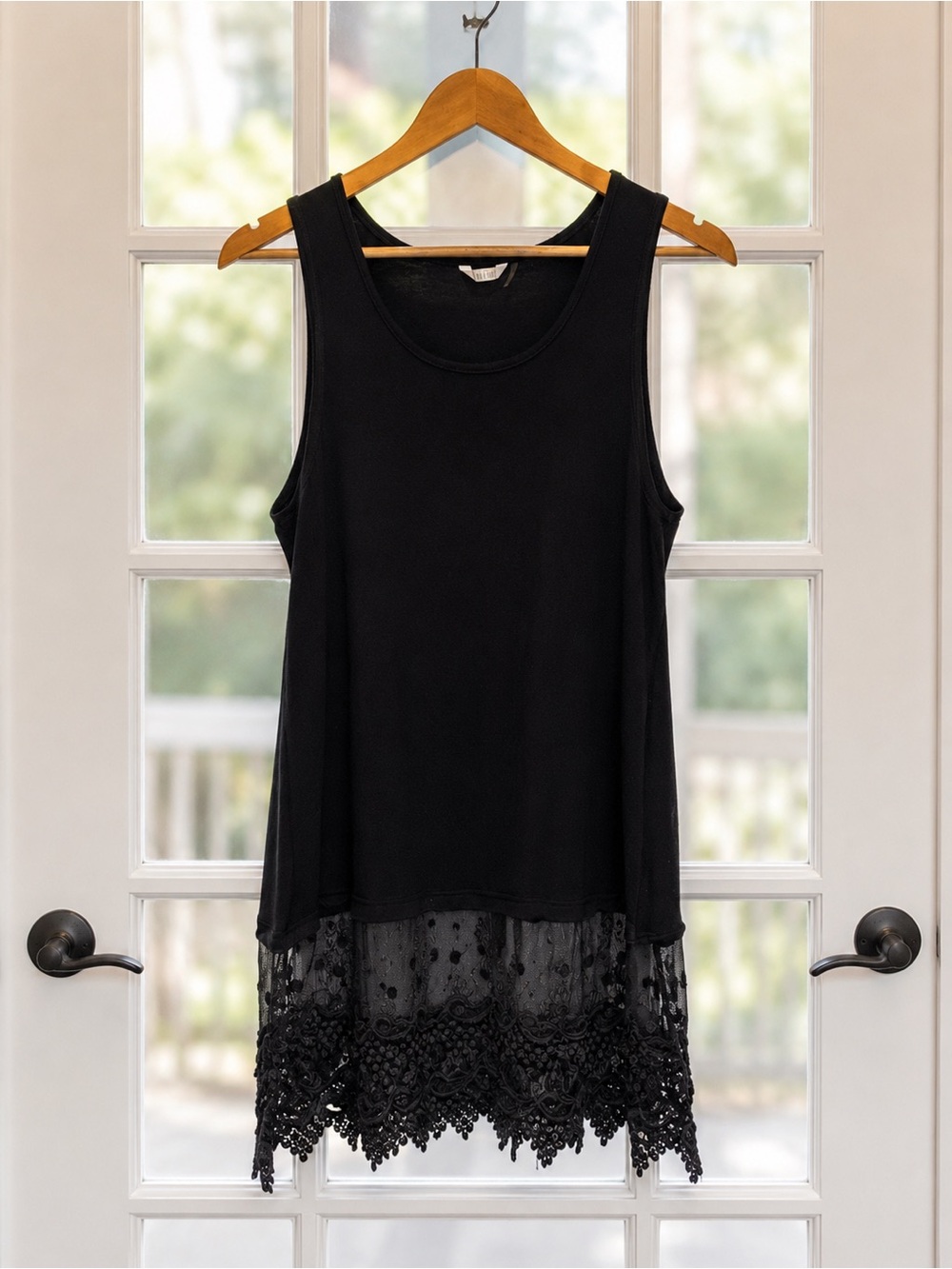 Kaktus Black Lace Hem Sleeveless Tunic Tank Stretch Knit Boho Layering Top